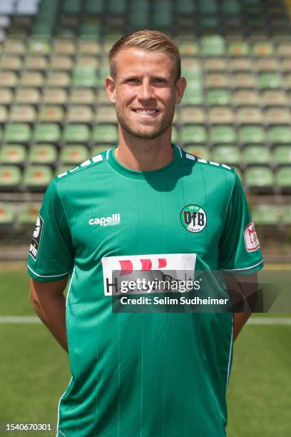 Tommy Grupe of VfB Lübeck poses during the team presentation at Stadion Lohmühle on July 18, 2023 in Luebeck, Germany.
