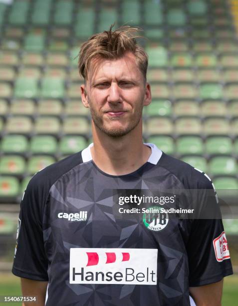 Philipp Klewin of VfB Lübeck poses during the team presentation at Stadion Lohmühle on July 18, 2023 in Luebeck, Germany.