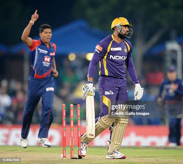 Yusuf Pathan of the Knight Riders reacts after being bowled by Umesh Yadav of the Daredevils during the Karbonn Smart CLT20 match between Kolkata...