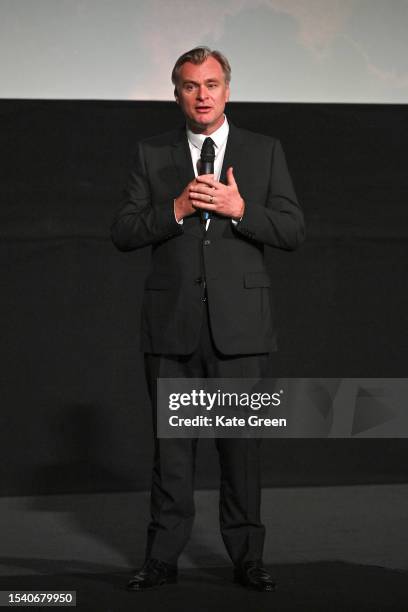 Director Christopher Nolan speaks on stage at the UK Premiere of "Oppenheimer" at Odeon Luxe Leicester Square on July 13, 2023 in London, England.