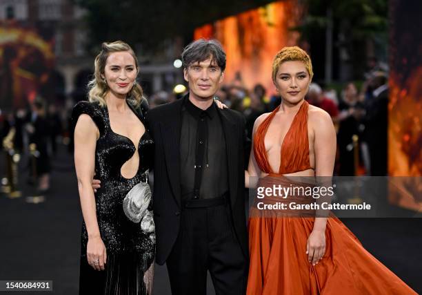 Emily Blunt, Cillian Murphy and Florence Pugh attend the "Oppenheimer" UK Premiere at Odeon Luxe Leicester Square on July 13, 2023 in London, England.