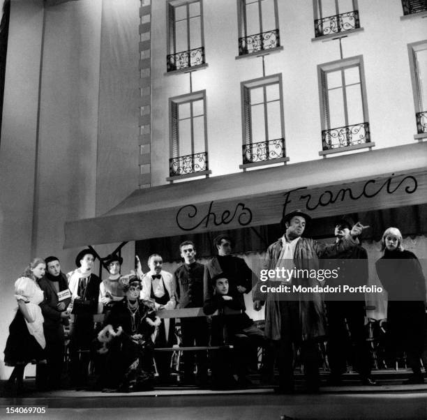 The Italian actors Sarah Ferrati, Marina Dolfin , Giorgio De Lullo, Tino Carraro and Romolo Valli acting in the play The Madwoman of Chaillot. Milan,...