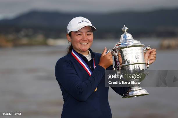 Allisen Corpuz of the United States celebrates with the Harton S. Semple Trophy after winning the 78th U.S. Women's Open at Pebble Beach Golf Links...