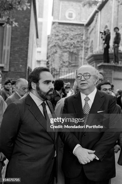 Italian publisher Angelo Rizzoli and national secretary of the Republican Party Giovanni Spadolini attending the funeral of Italian journalist Walter...