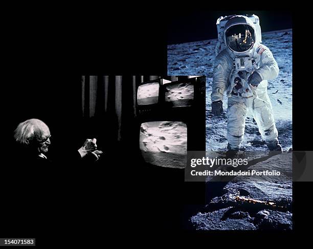 The Italian writer and poet Giuseppe Ungaretti exults before the images of the moon landing. First man on the moon. 1969.