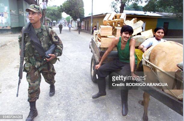 Colombian government soldier patrols San Vicente del Caguan, Colombia, the former unofficial capital of the rebel Revolutionary Armed Forces of...