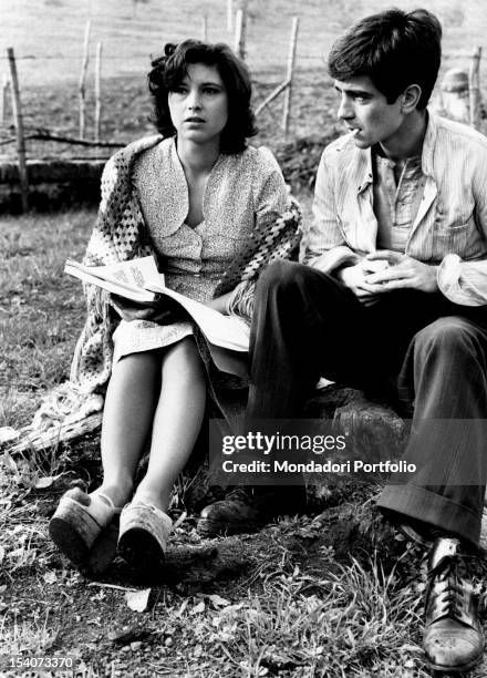 The Italian actress Lina Polito rereading the script with the Italian actor Paolo Turco on the set of the film Salvo D'Acquisto. Rome, 1975