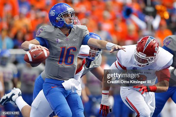 Joe Southwick of the Boise State Broncos look for a receiver against the Fresno State Bulldogs at Bronco Stadium on October 13, 2012 in Boise, Idaho.