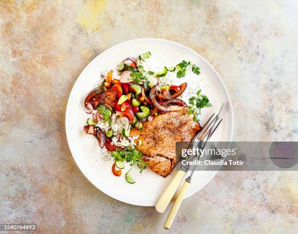 plate of grilled salmon with fresh vegetables and rice on multicolored background - pimiento rojo asado fotografías e imágenes de stock