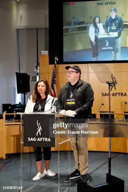 President Fran Drescher and National Executive Director and Chief Negotiator of SAG-AFTRA Duncan Crabtree-Ireland speak as SAG-AFTRA National Board...