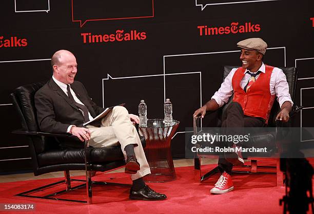 Sam Sifton and Chef Marcus Samuelsson attends TimesTalks: A Conversation With Marcus Samuelsson And Paula Deen at The Times Center on October 13,...