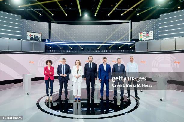 Aina Vidal, Patxi Lopez, Cuca Gamarra, Ivan Espinosa de los Monteros, Gabriel Rufian, Oskar Matute and Aitor Esteban pose for a photographers before...