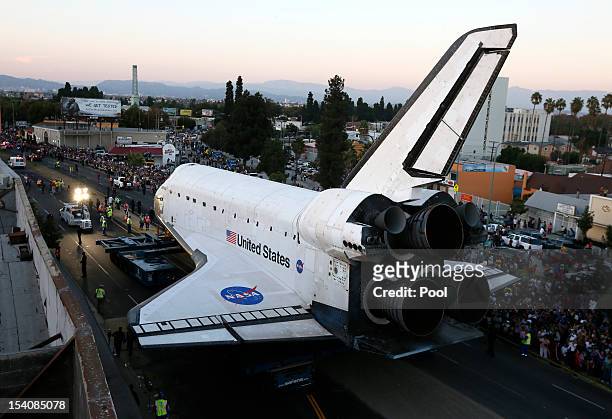 The Space Shuttle Endeavour is moved to the California Science Center on October 13, 2012 in Inglewood, California. The space shuttle Endeavour is on...