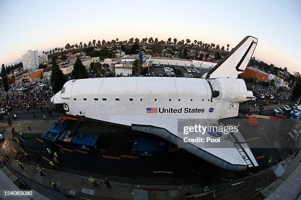 The Space Shuttle Endeavour is moved to the California Science Center on October 13, 2012 in Inglewood, California. The space shuttle Endeavour is on...