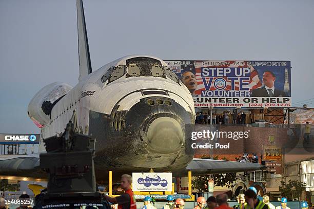 Space Shuttle Endeavour on Crenshaw Blvd. Enroute to the California Science Center during its final journey on October 13, 2012 in Inglewood,...