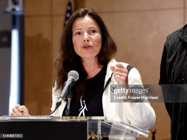 President Fran Drescher speaks as SAG-AFTRA National Board holds a press conference for vote on recommendation to call a strike regarding the...