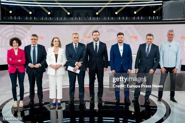 The spokesperson of Sumar, Aina Vidal, the spokesperson of PSOE, Patxi Lopez, the spokesperson of PP, Cuca Gamarra, the journalist and moderator of...
