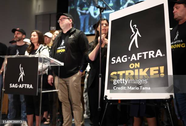 President Fran Drescher stands at a press conference announcing their strike against Hollywood studios on July 13, 2023 in Los Angeles, California....