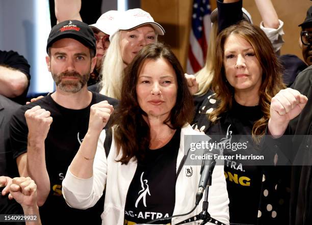 Ben Whitehair, Frances Fisher, SAG President Fran Drescher, Joely Fisher, National Executive Director, and SAG-AFTRA members are seen as SAG-AFTRA...