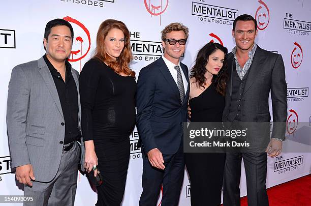 Actors Tim Kang, Amanda Righetti, Simon Baker, Robin Tunney and Owain Yeoman attend CBS's "The Mentalist" 100th Episode Celebration held at The...