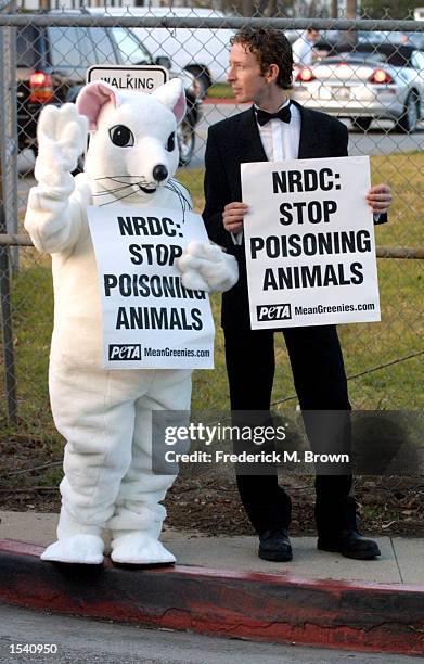 Protesters demonstrate against animal testing at the star-studded environmental event Earth to L.A. Sponsored by the Natural Resources Defense...