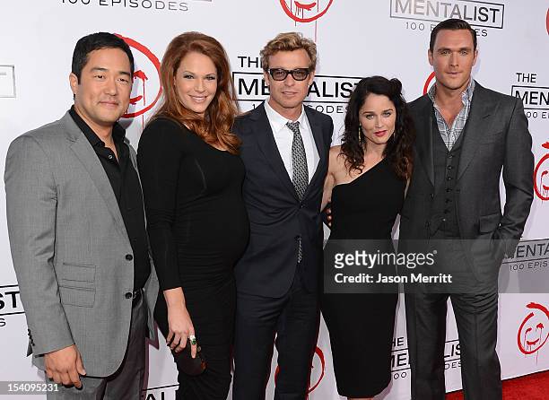 Actors Tim Kang, Amanda Righetti, Simon Baker, Robin Tunney, and Owain Yeoman attend the CBS 100 episode celebration of "The Mentalist" held at The...