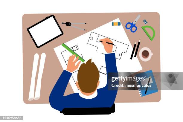 top view of engineer and work desk - architect stock illustrations