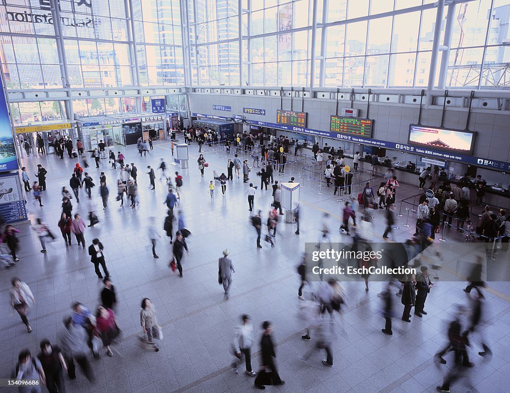 Travellers at a busy Seoul Station, South Korea