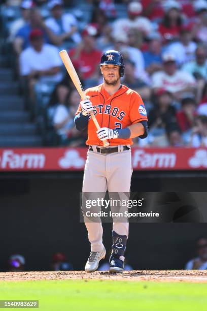 Houston Astros third baseman Alex Bregman at bat during the MLB game between the Houston Astros and the Los Angeles Angels of Anaheim on July 16,...