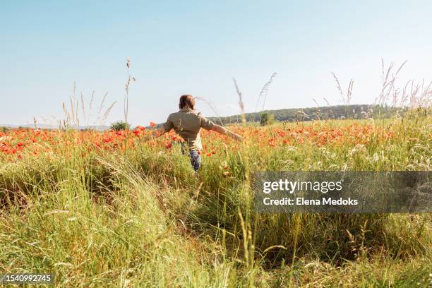 rear view woman in a field of blooming poppies stands with open arms and looks into the distance. the concept of positive emotions, freedom and peace of mind - open flowers stock-fotos und bilder