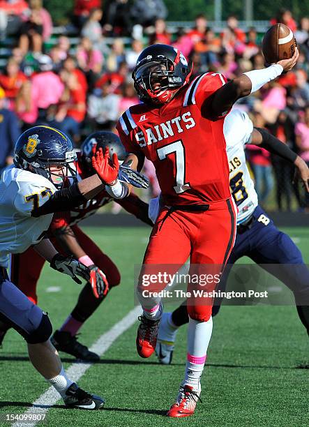 Bullis Nicholas Matzelevich puts pressure on St. Stephen's/St. Agnes quarterback Ish Seisay in the thrid quarter on Saturday, October 13, 2012 in...