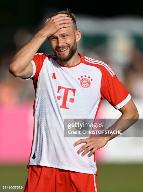 Bayern Munich's new Austrian midfielder Konrad Laimer reacts during a test match as part of a pre-season training session at the German first...