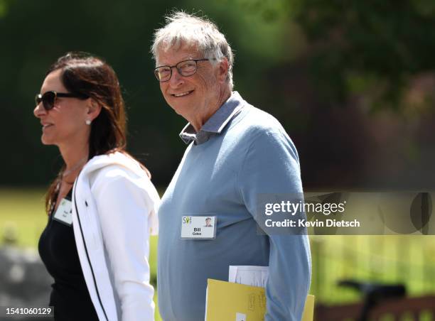 Bill Gates, founder of Microsoft, walks to lunch at the Allen & Company Sun Valley Conference on July 13, 2023 in Sun Valley, Idaho. Every July, some...