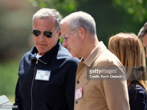 Bob Iger, CEO of Disney, walks to lunch at the Allen & Company Sun Valley Conference on July 13, 2023 in Sun Valley, Idaho. Every July, some of the...