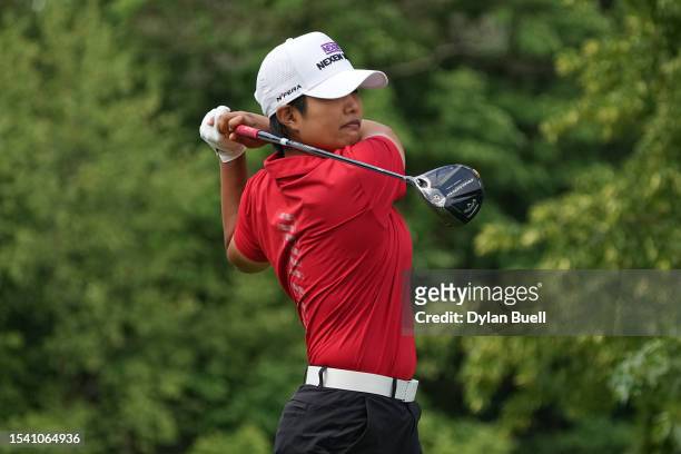 Haru Nomura of Japan plays her shot from the fifth tee during the first round of the Dana Open at Highland Meadows Golf Club on July 13, 2023 in...