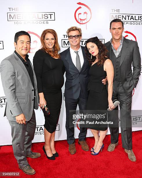 Actors Tim Kang, Amanda Righetti, Simon Baker, Robin Tunney and Owain Yeoman attends "The Mentalist" 100th episode celebration at The Edison on...