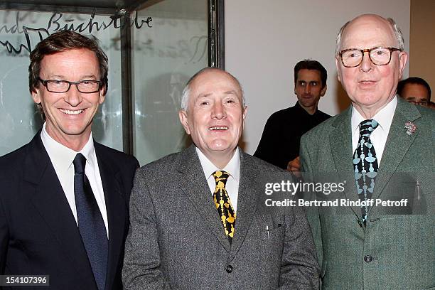 Thaddaeus Ropac and artists Gilbert and George attend the opening of Ropac's new gallery on October 13, 2012 in Pantin, France.