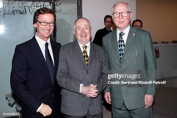 Thaddaeus Ropac and artists Gilbert And George attend the opening of Ropac's new gallery on October 13, 2012 in Pantin, France.