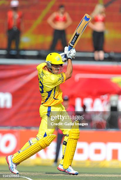 Faf du Plessis of CSK hits a boundary during the Champions League Twenty20 match between Chennai Super Kings and Sydney Sixers at Bidvest Wanderers...