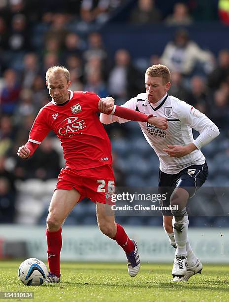 Luke Chadwick of MK Dons under pressure from Chris Robertson of Preston North End during the npower League One match between Preston North End and MK...