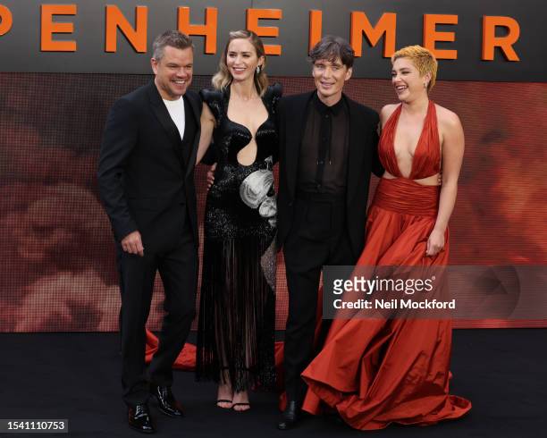 Matt Damon, Emily Blunt, Cillian Murphy and Florence Pugh attend the "Oppenheimer" UK Premiere at Odeon Luxe Leicester Square on July 13, 2023 in...