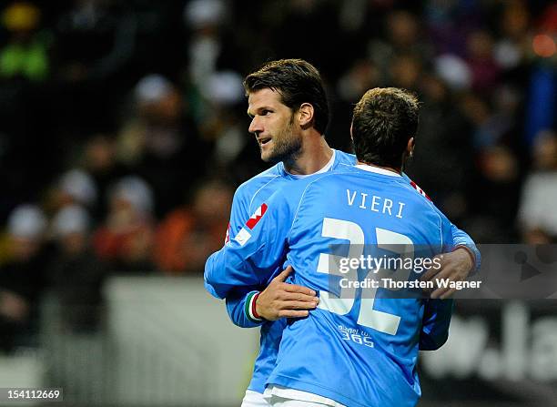 Luca Facchetti and his team mate Christian Vieri of Italy celebrates after scoring her teams first goal during the century match between Germany and...