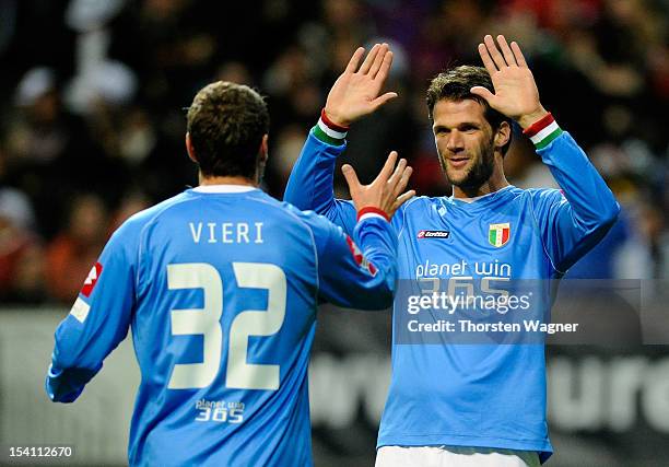 Luca Facchetti and his team mate Christian Vieri of Italy celebrates after scoring her teams first goal during the century match between Germany and...