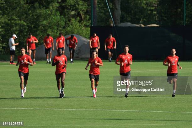 Rade Krunic of AC Milan, Fikayo Tomori, Luka Romero, Matteo Gabbia and calin action during AC Milan training session at Milanello on July 13, 2023 in...
