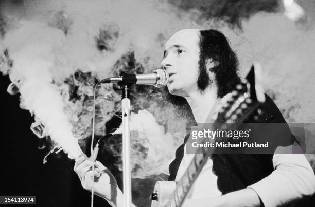 English singer-songwriter Neil Innes performing with English pop, poetry and comedy group Grimms at Watford Technical College, Hertfordshire, 3rd...