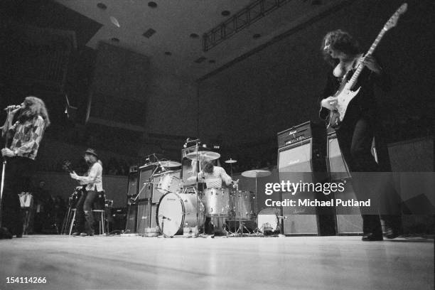 English rock group Deep Purple performing at Fairfield Halls, Croydon, London, March 1972. Left to right: Ian Gillan, Roger Glover, Ian Paice and...