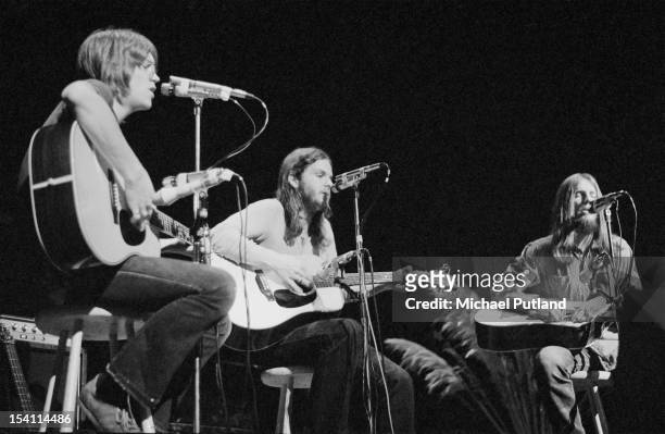Anglo-American folk rock band America, at the Royal Festival Hall, London, 18th March 1972. Left to right: Gerry Beckley, Dan Peek and Dewey Bunnell.