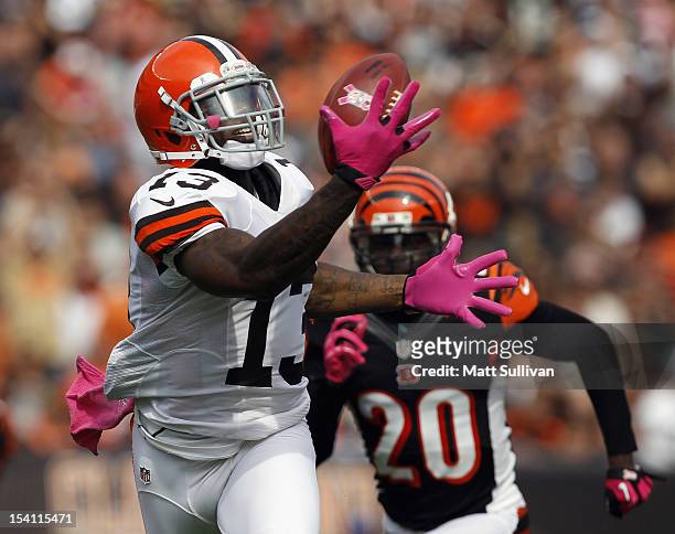 Wide receiver Josh Gordon of the Cleveland Browns catches a touchdown pass in front of safety Reggie Nelson of the Cincinnati Bengals at Cleveland...