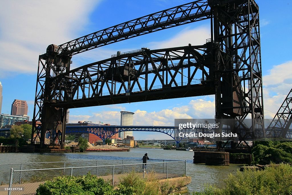 Vertical-lift bridge over river