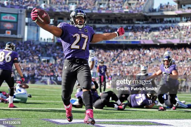 Running back Ray Rice of the Baltimore Ravens scores a touchdown against the Dallas Cowboys in the fourth quarter at M&T Bank Stadium on October 14,...